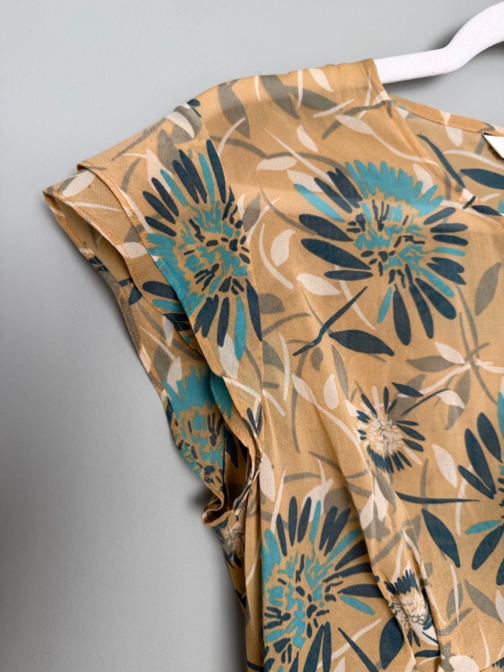 St. John Silk Teal Golden Yellow Floral Collarless Cap Sleeve Sheer Blouse Top - Picture 3 of 16